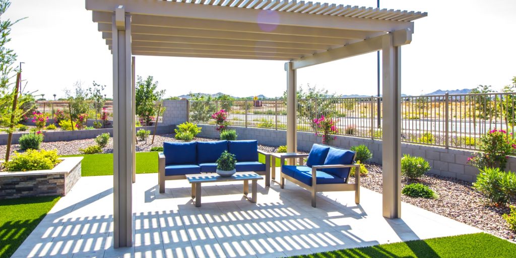 attached-covered-patio-ideas garden-gate Rear Yard Pergola Covering Patio Furniture