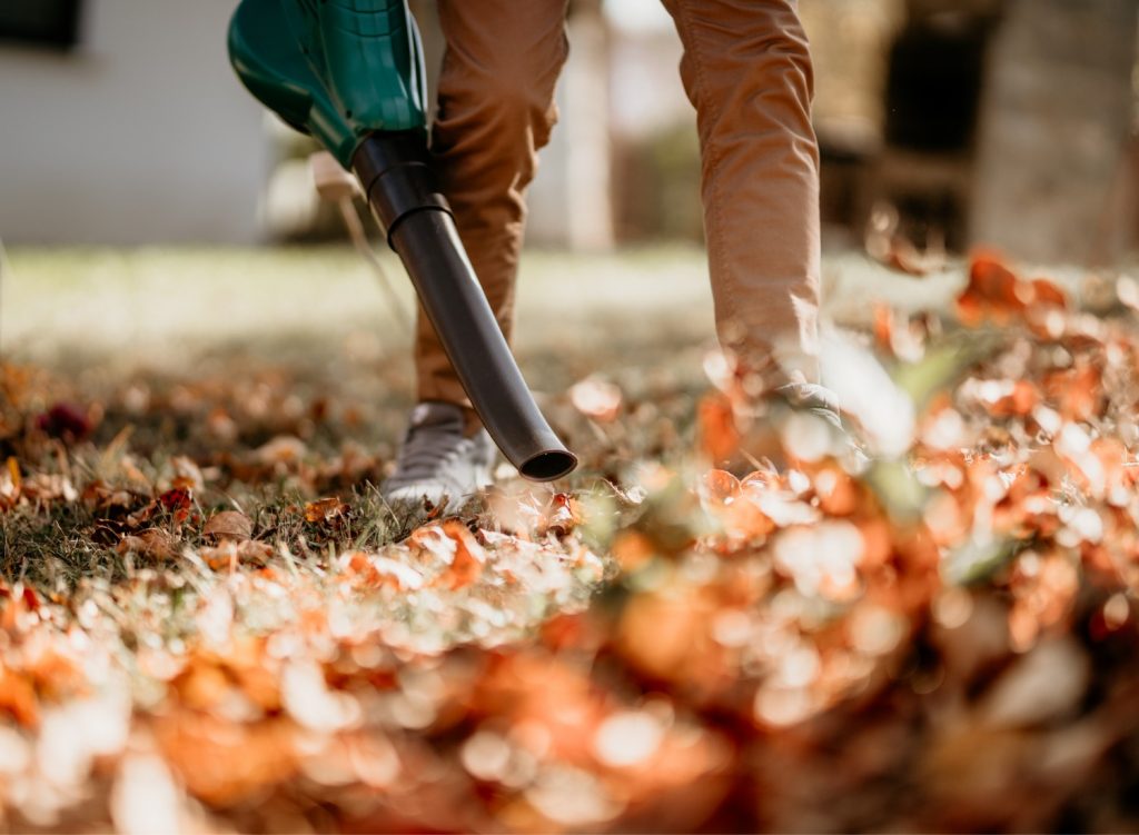 Man using a leaf blower in the fall