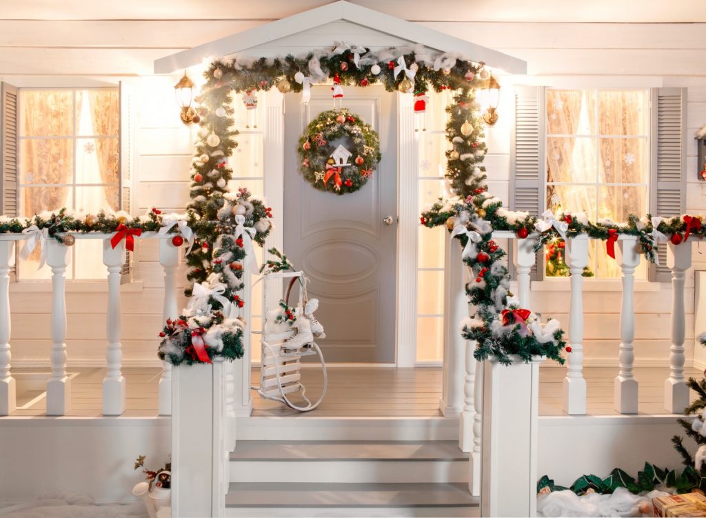 White porch with Christmas decorations