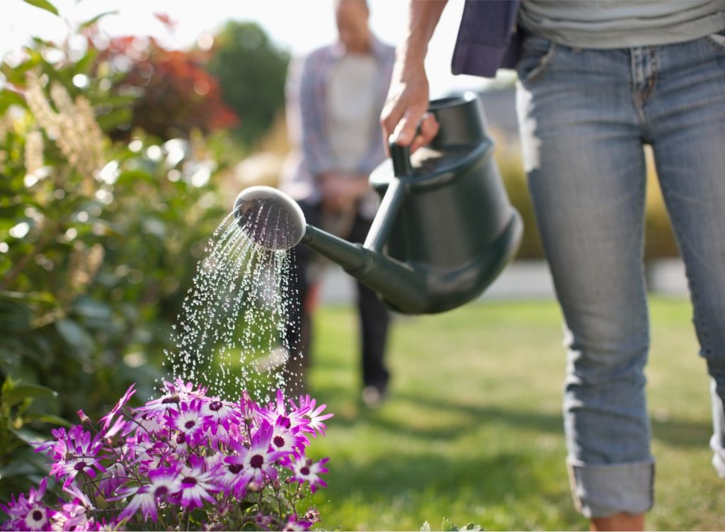 Woman watering flowers