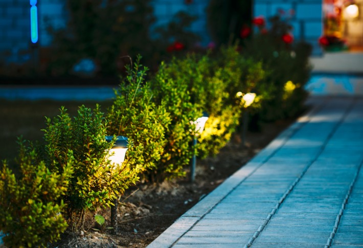 A pathway lit by several garden lights.